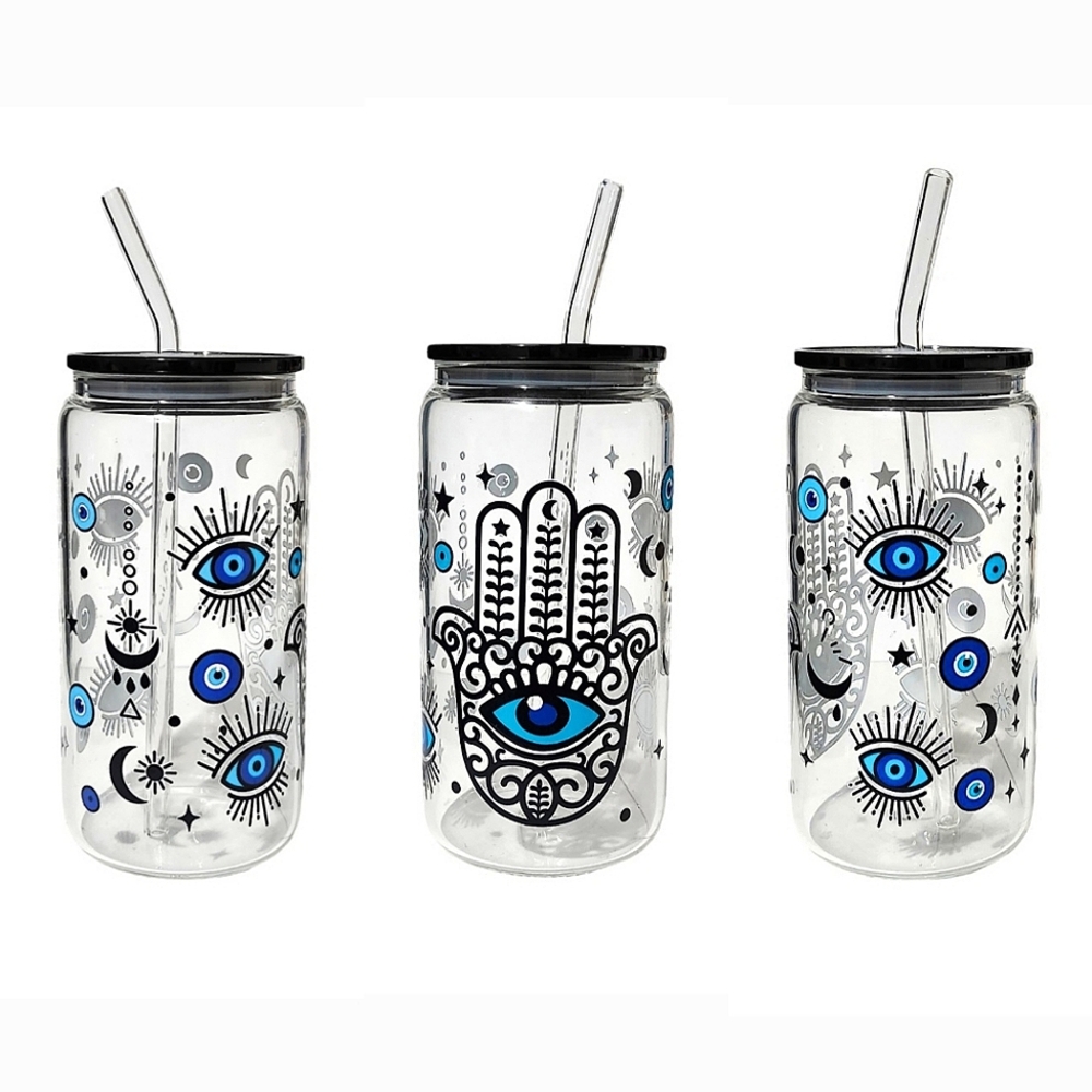 Hamsa Hand Evil Eye Glass Tumbler Cup 16oz Black Blue Design